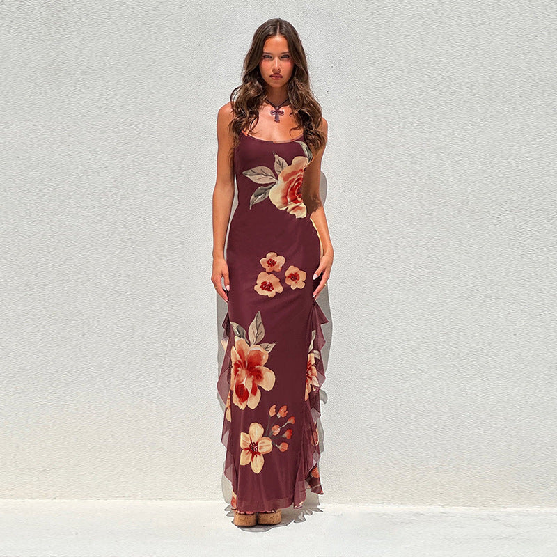 Robe maxi à ruchés à motifs floraux Chic und Stil pour femmes