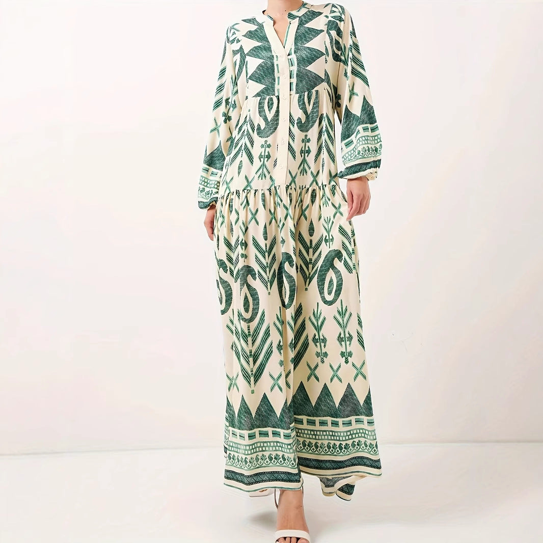 Robe maxi femme avec motif géométrique artistique et détails de boutons Chic und Stil