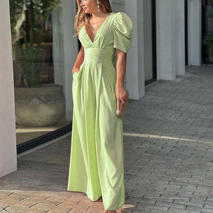Robe maxi élégante pour femmes avec des manches bouffantes et un décolleté en V profond Chic und Stil