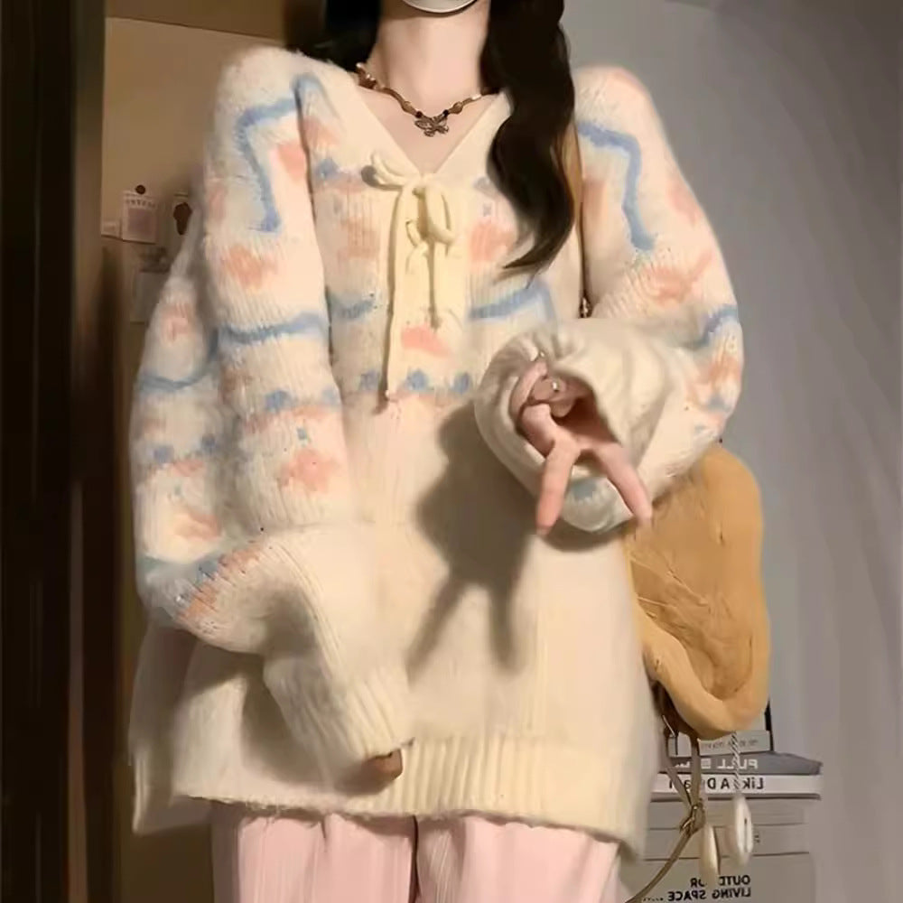Pull décontracté pour femmes avec décolleté en V et lacets à la mode Chic und Stil