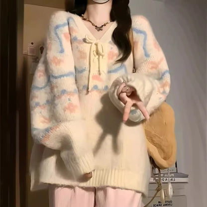 Pull décontracté pour femmes avec décolleté en V et lacets à la mode Chic und Stil