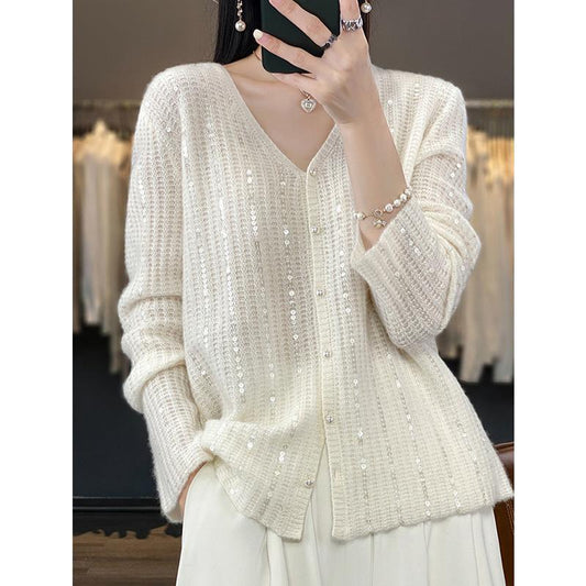 Dames Boutonnage Paillettes Cardigan Pull Chic und Stil