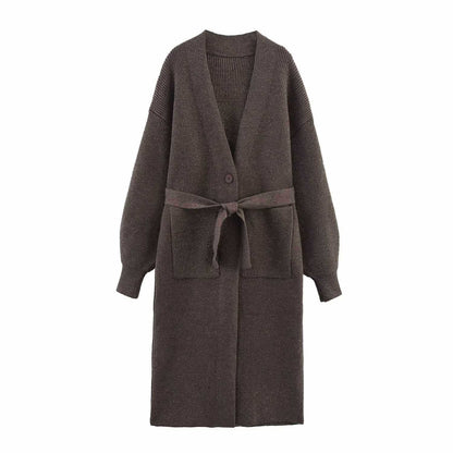 Dames cardigan long tricoté avec ceinture à la taille Chic und Stil