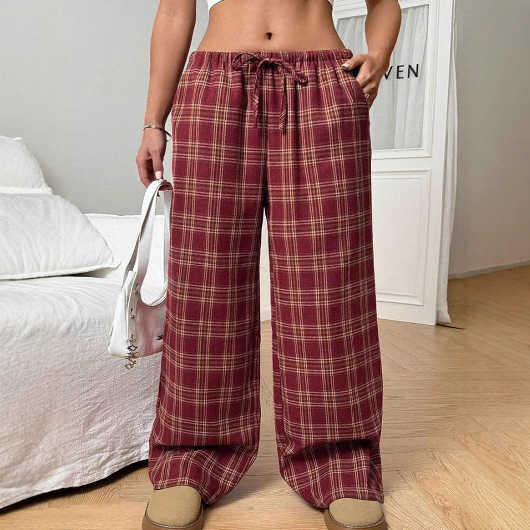 Wide plaid casual pants for women with elastic waistband and drawstring Chic und Stil