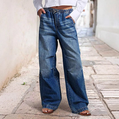 High-waisted Flared Denim Pants for Women with Elastic Waist Chic and Style