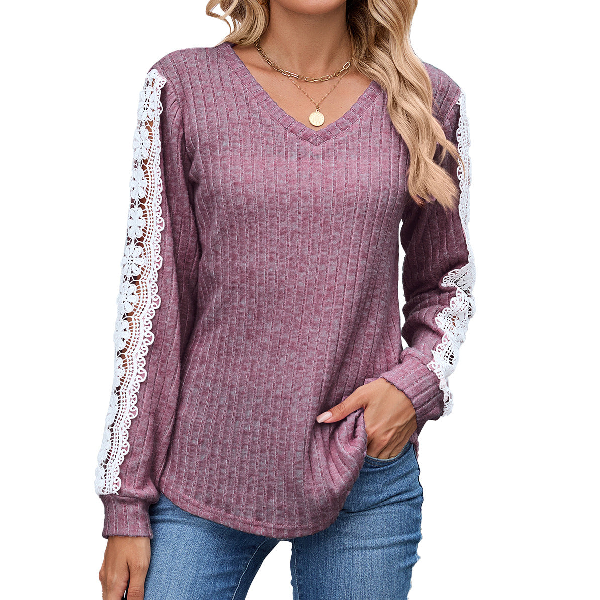 Dames Pull V-Ajusté à Col en V avec Détails en Dentelle Chic und Stil