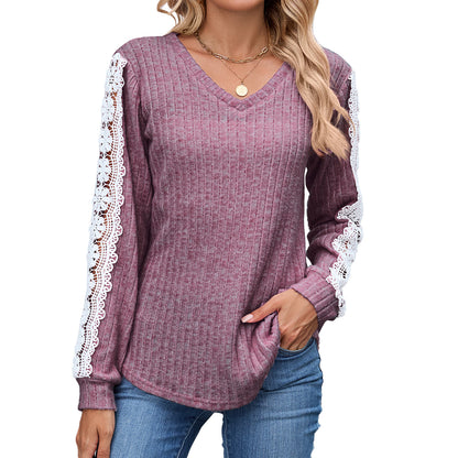 Dames Pull V-Ajusté à Col en V avec Détails en Dentelle Chic und Stil