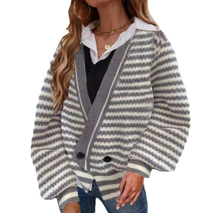 Dames Gros Tricot Cardigan avec Encolure en V et Rayures Modernes Chic und Stil