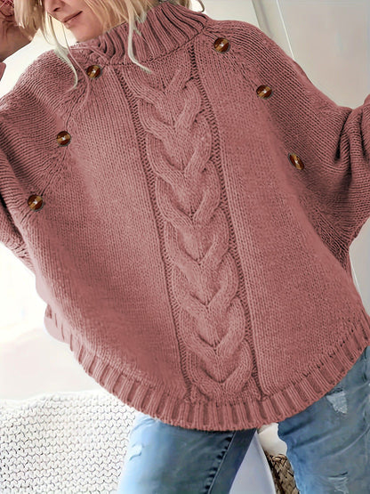 Dames gros pull en tricot avec col haut et détails de boutons Chic und Stil