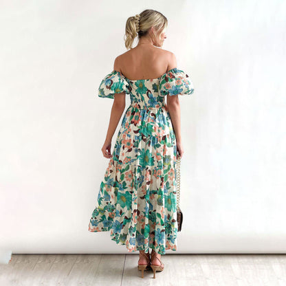 Dames Floral Puff Manche Midi Robe Chic und Stil