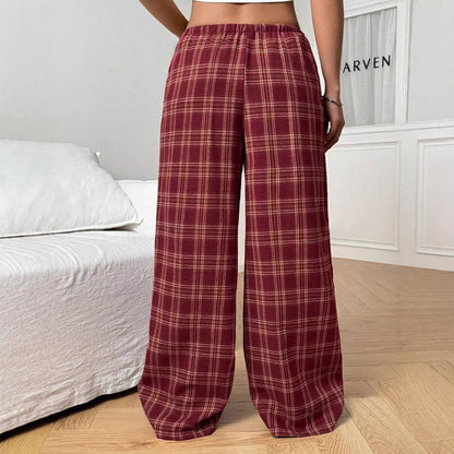 Wide plaid casual pants for women with elastic waistband and drawstring Chic und Stil
