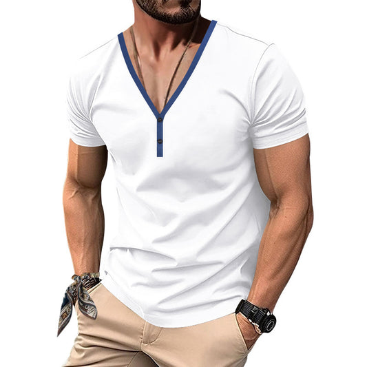 T-shirt pour hommes à col en V avec patte de boutonnage et détail contrastant Chic und Stil