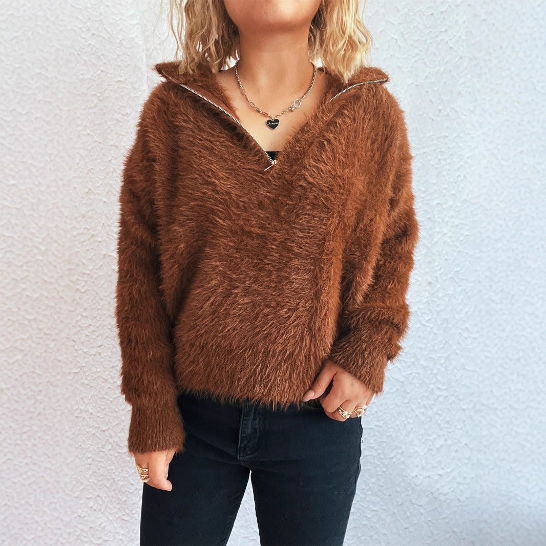 Femme pull doux avec col haut et fermeture éclair Chic und Stil
