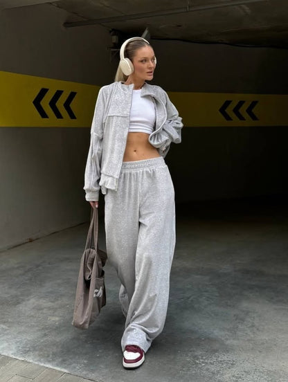 Chic and Style women's sporty velour lounge set with full zip and wide pants