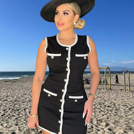 Femmes Robe sans manches élégante avec des boutons décoratifs et des détails contrastés Chic und Stil