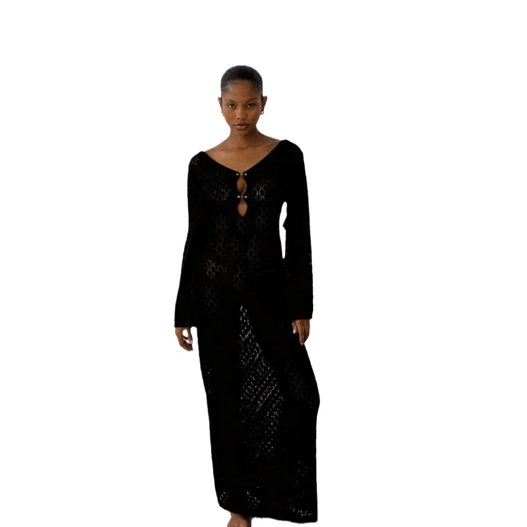 Robe maxi tricot pour femmes avec décolleté en V profond et détails de volants tendance Chic und Stil