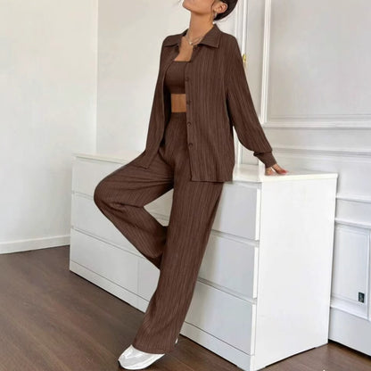 Dames Élégant Ensemble en blouse rayée et pantalon décontracté Chic und Stil