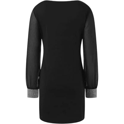 Dames Robe Mince Élégante à Col V avec Manches Longues Transparentes et Accents en Gemmes Chic und Stil