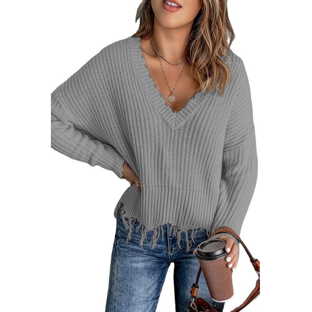 Femme Pull en tricot décontracté avec décolleté en V et ourlet à franges Chic und Stil