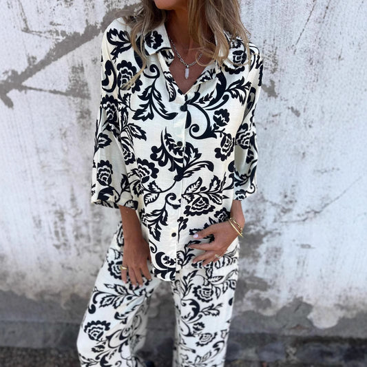 Chic and Style floral print shirt and wide leg pants set for women