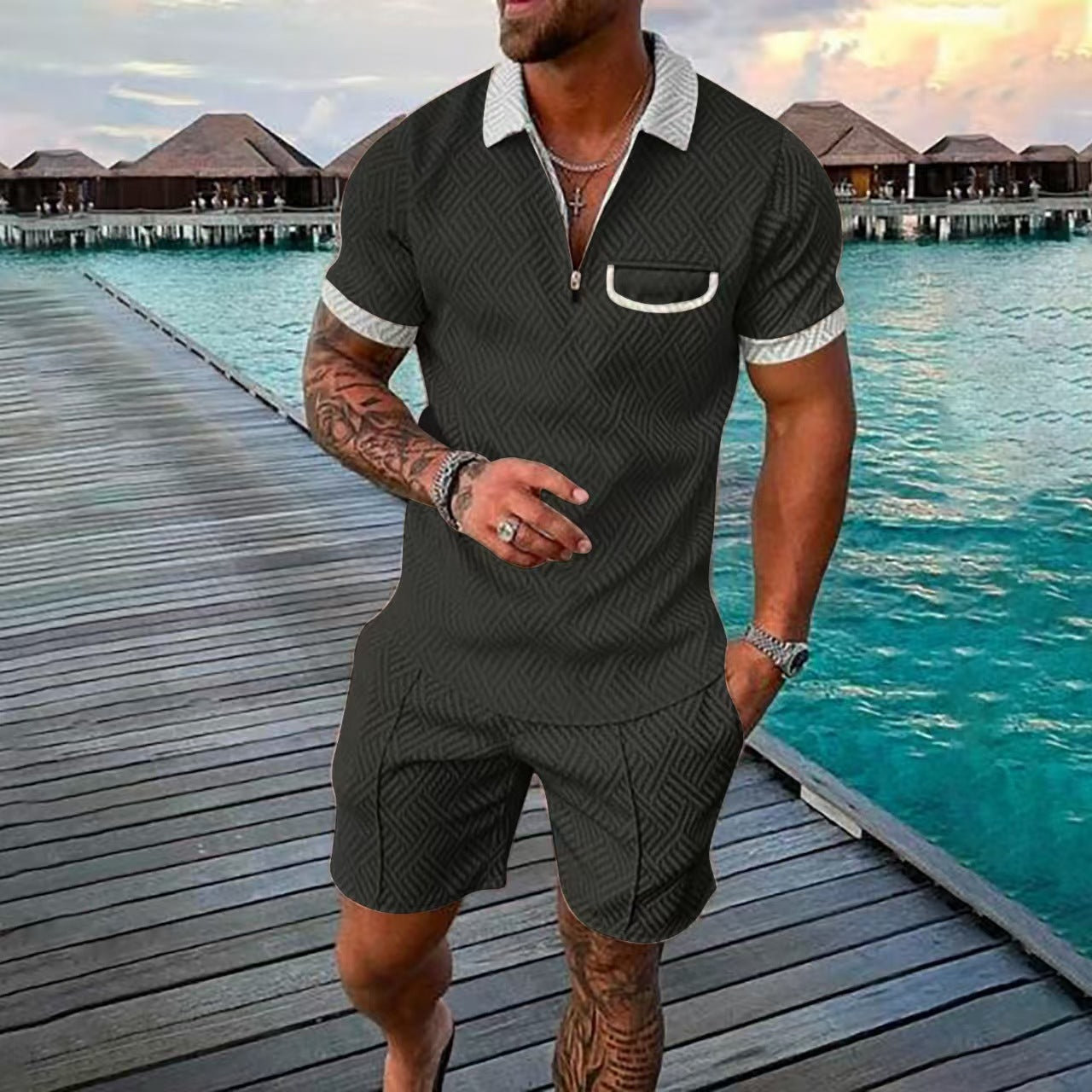 Ensemble polo à manches courtes à motif pour hommes et shorts Chic und Stil