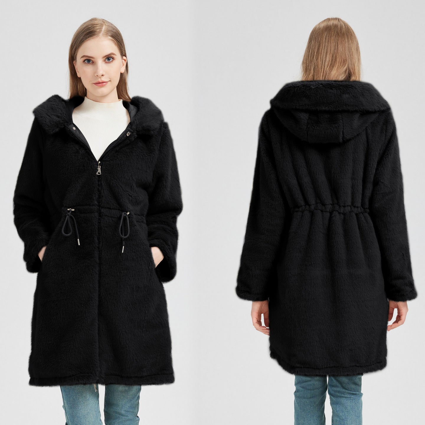 Dames élégant et chaud parka avec col en fausse fourrure amovible et détails de lacets pratiques Chic und Stil