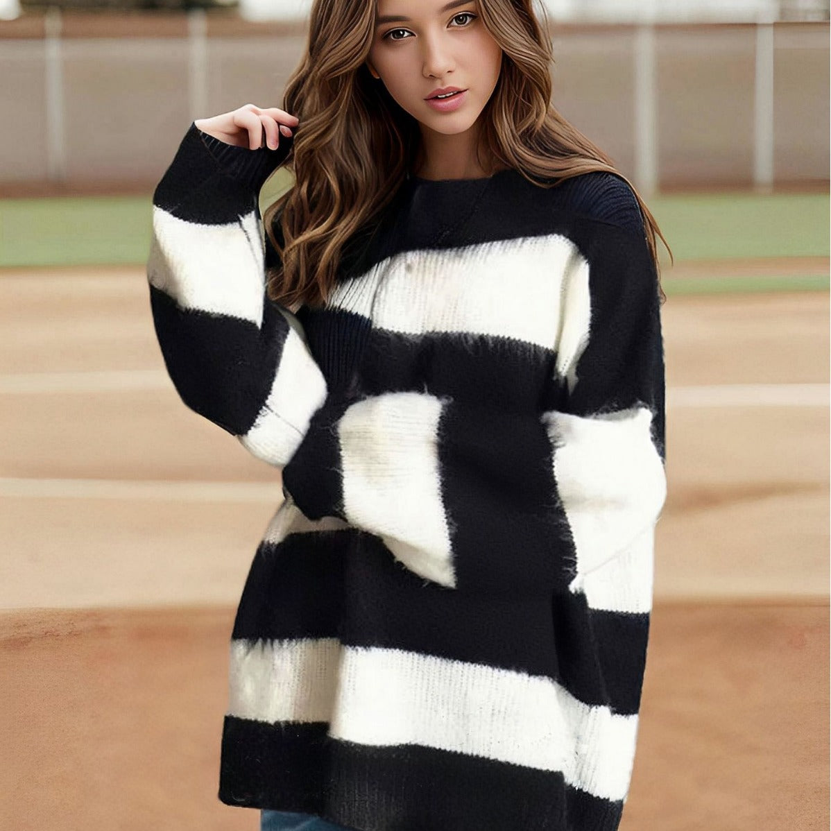 Ladies decorative striped sweater Chic and Style