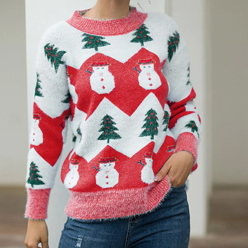 Pull femmes avec motif festif de bonhomme de neige et de sapin Chic und Stil