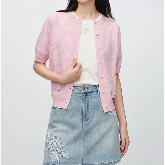 Cardigan court à manches courtes texturé pour femmes avec boutons en perles Chic und Stil