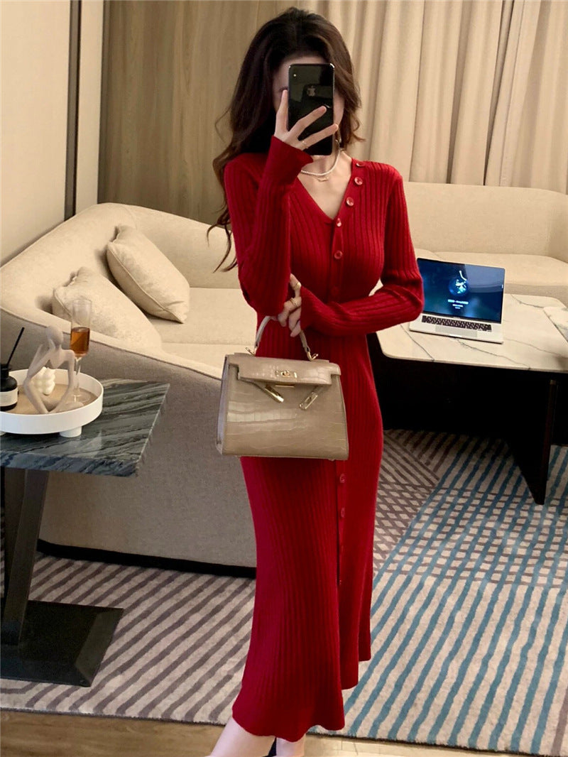 Robe midi décontractée pour femmes en fine maille côtelée avec patte de boutonnage Chic und Stil