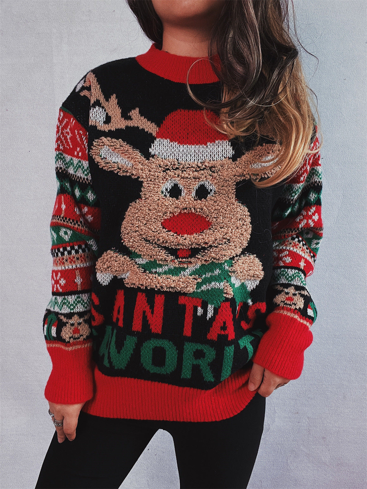 Pull femme de Noël avec motif de renne festif et motifs colorés Chic und Stil