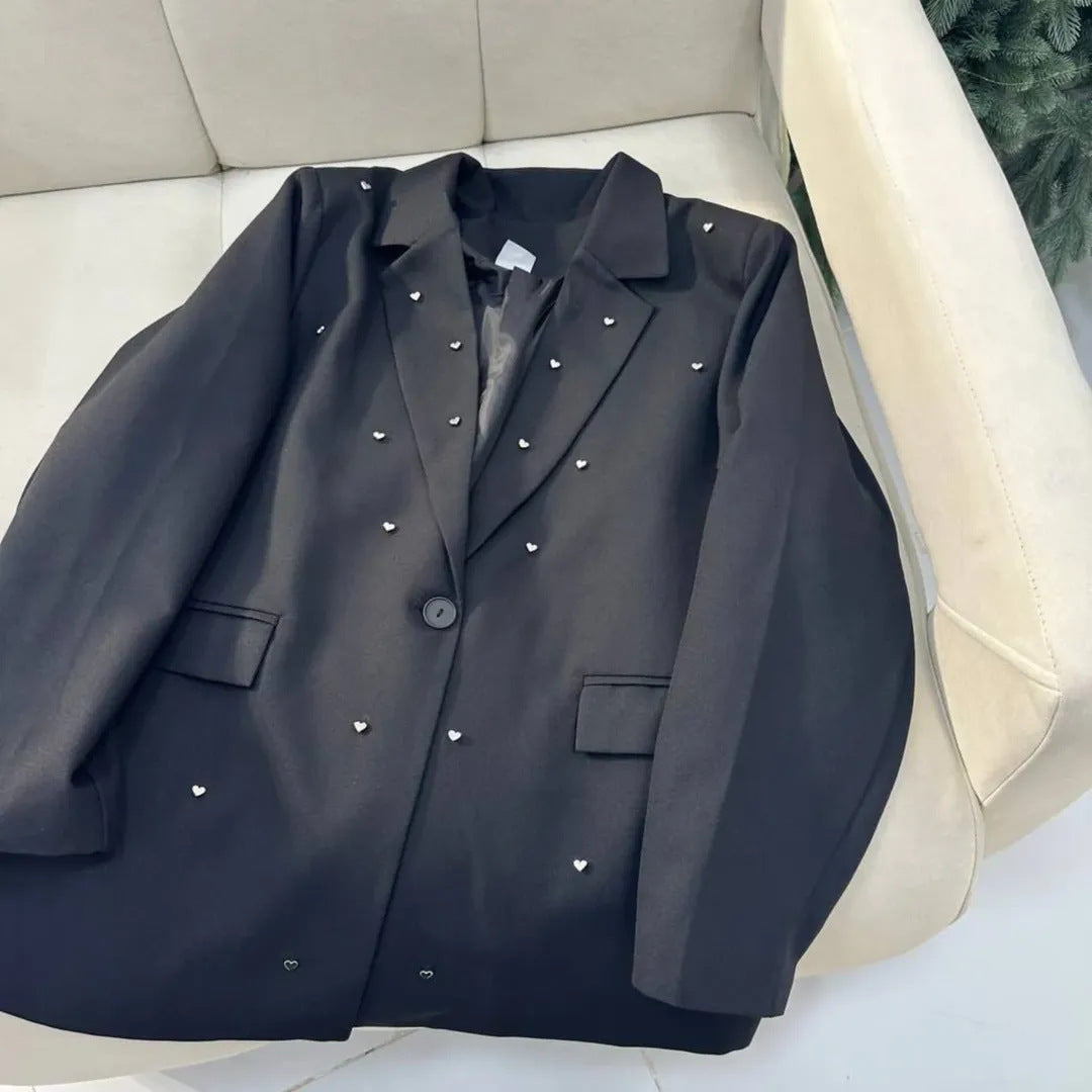 Dames Élégant Blazer Oversize avec Applications en Forme de Cœur Chic und Stil