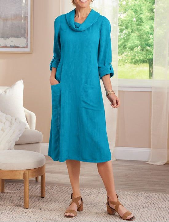 Robe midi décontractée pour femmes avec poches pratiques et col châle élégant Chic und Stil