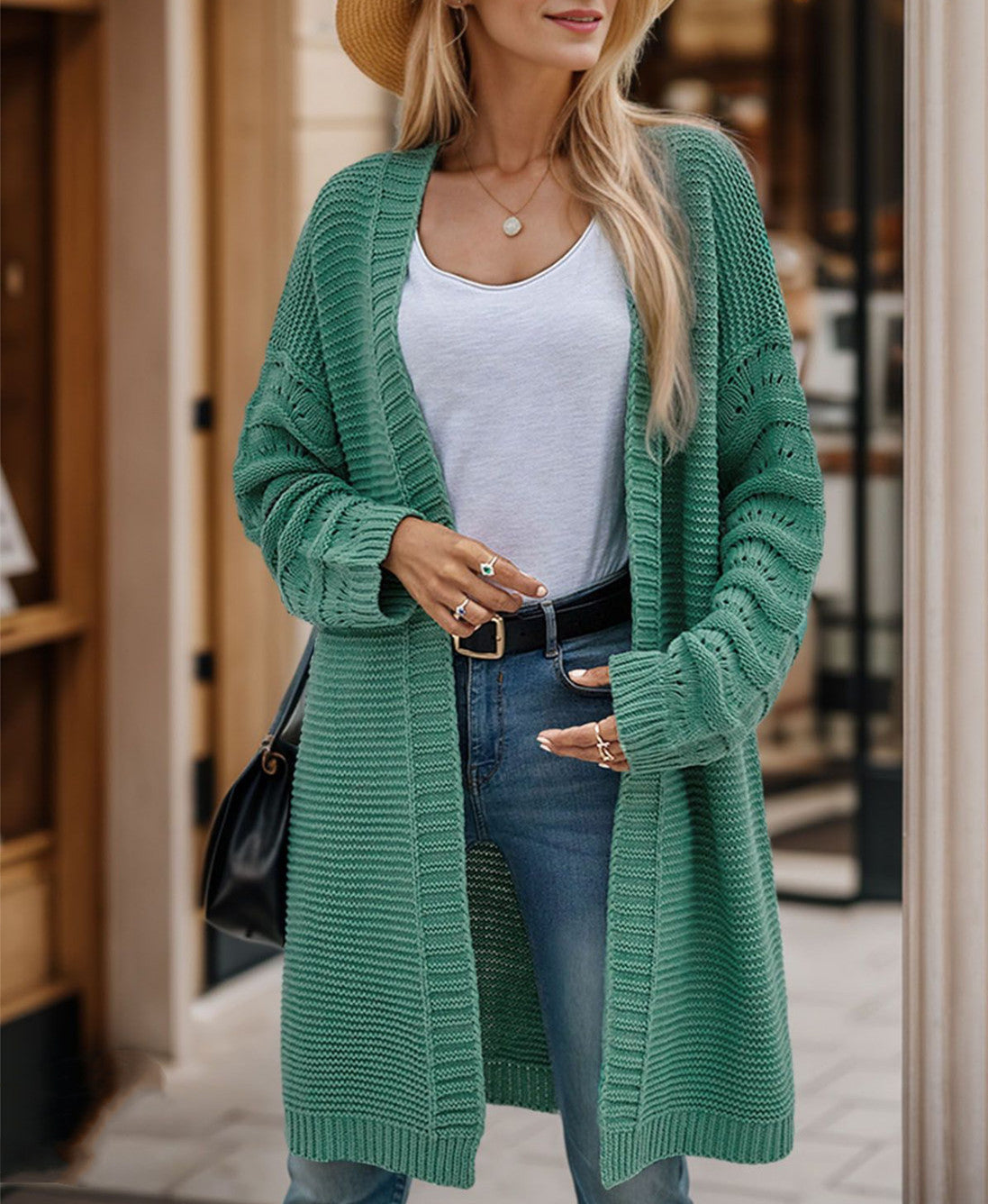 Dames Long Pull Cardigan avec une structure de maille aérée et un devant ouvert Chic und Stil