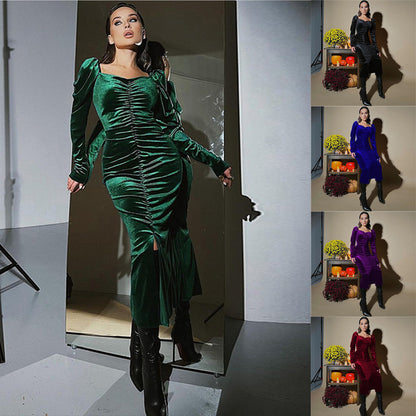 Ladies Elegant Long Sleeve Dress with Ruching and Pretty Square Neckline Chic and Style