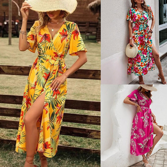 Robe maxi portefeuille pour femmes avec imprimé floral et fente haute Chic und Stil
