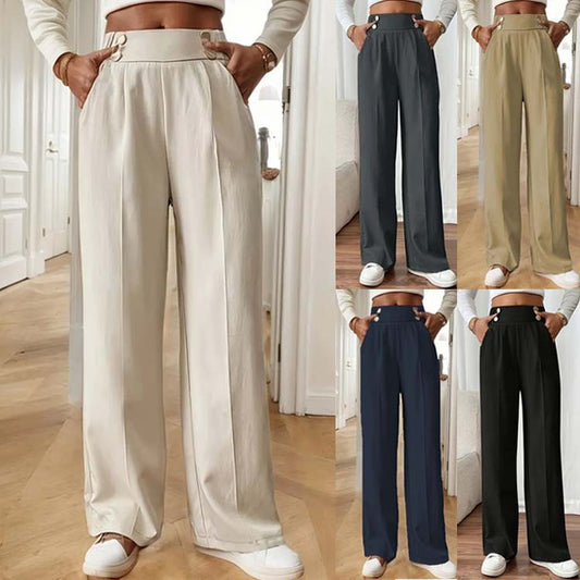Ladies High-Waisted Wide Leg Pants with Chic and Stylish Button Details