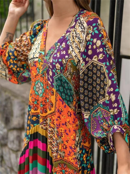 Robe maxi femme avec design en patchwork coloré et manches volumineuses Chic und Stil