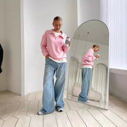 Chic and Style Women's Fleece Sporty Pull with Short Zipper