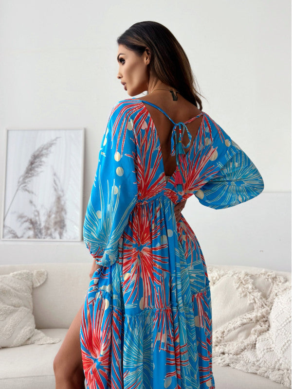 Robe maxi femme avec décolleté élégant au dos et manches volantées amples Chic und Stil