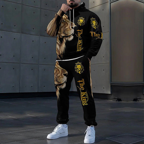 Men Motivated Hoodie Set and Jogging Pants with Chic Artistic Lion Print