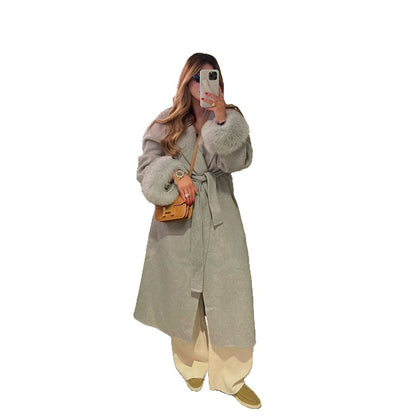 Dames Élégante Manteau Long avec Manches En Fourrure Amovibles Chic und Stil