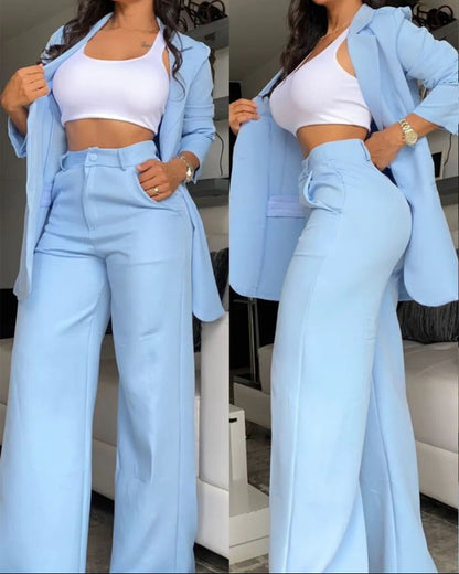 Two-piece women's business suit set with wide pants and fitted jacket Chic und Stil