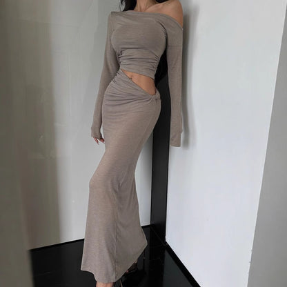 Robe maxi à manches longues pour femmes avec design asymétrique et détails volantés Chic und Stil