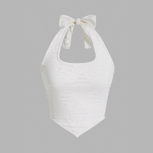 Haut de maillot de bain pour femme à encolure halter avec un détail de nœud ludique et un tissu texturé Chic und Stil