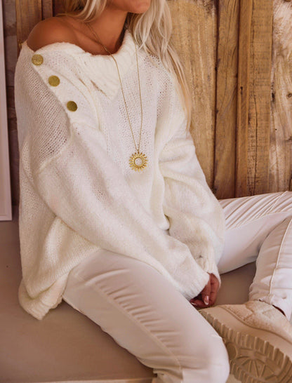 Pull en grosse maille pour femmes avec col haut et détails de boutons à la mode Chic und Stil