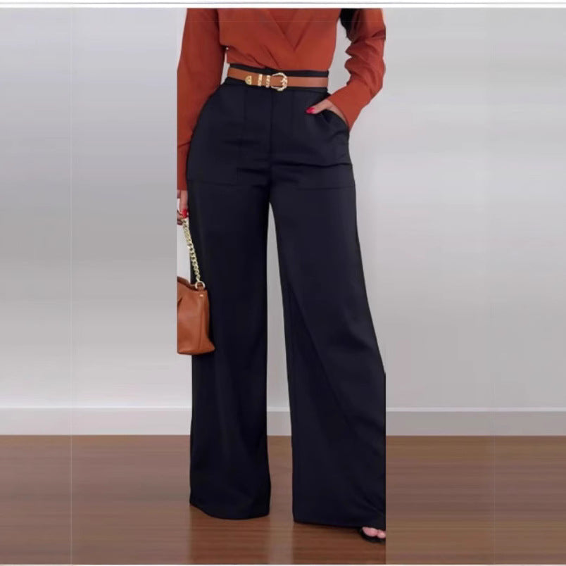 Ladies High-Waisted Wide-Leg Pants with Pockets Chic and Style