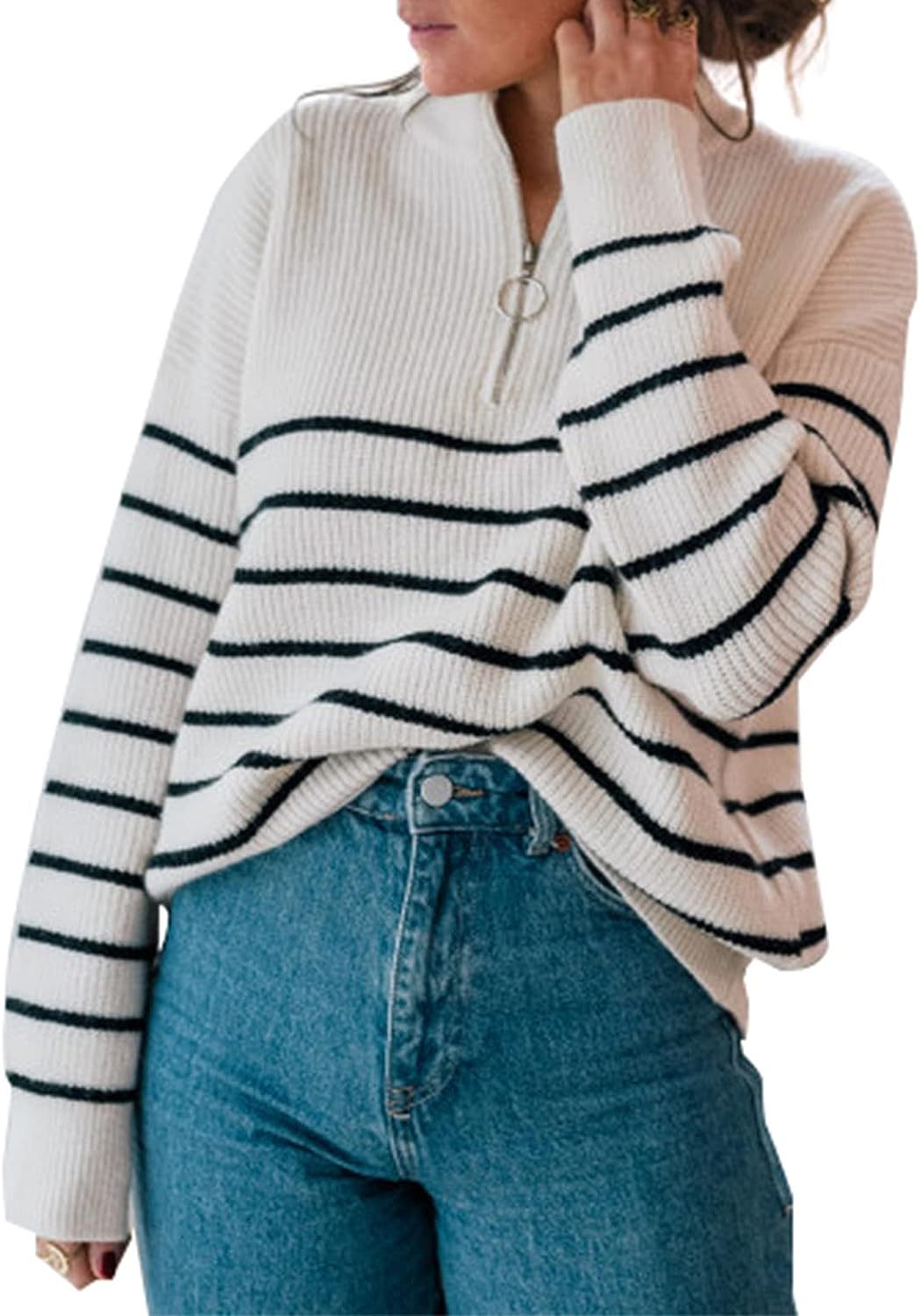 Pull décontracté pour femmes avec fermeture éclair courte et motif à rayures Chic und Stil