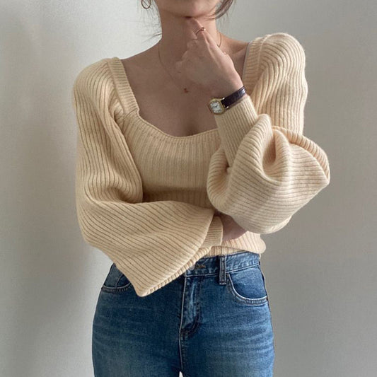 Femme Pull cropped avec des manches volumineuses et une structure côtelée Chic und Stil