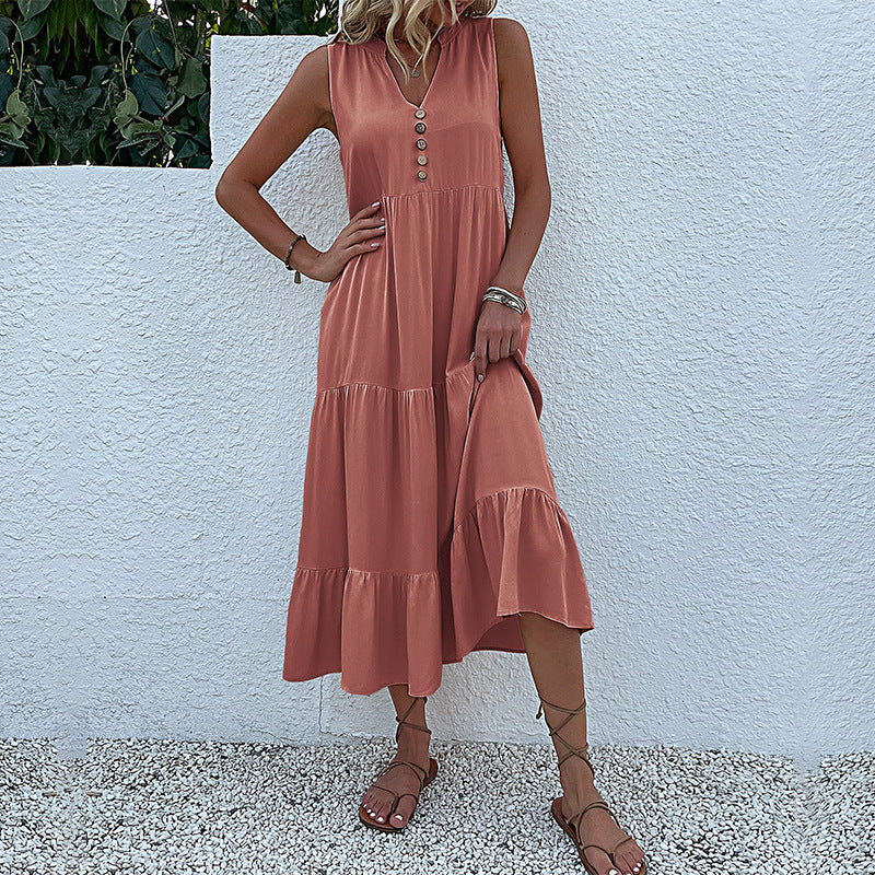 Robe maxi sans manches à volants pour femmes avec détail bouton Chic und Stil